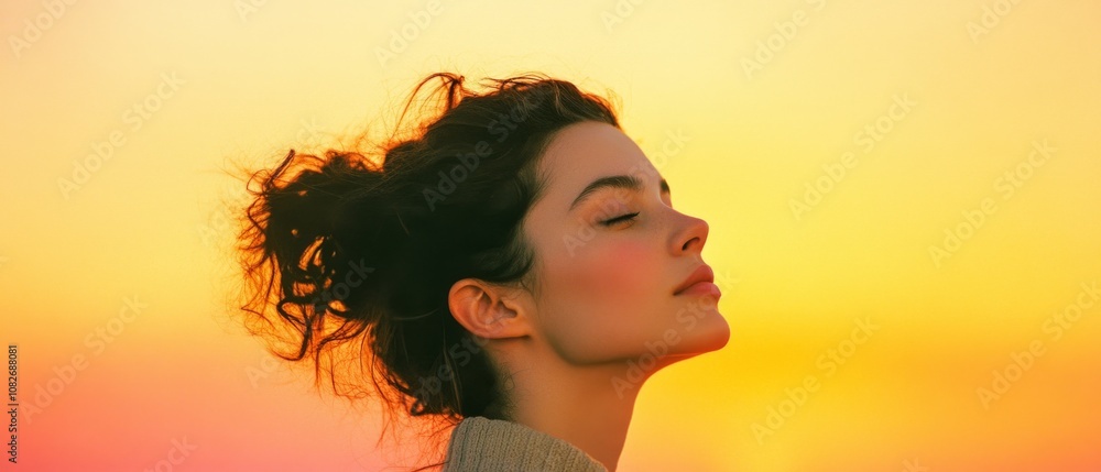 A serene woman faces the glowing sunset, eyes closed, embodying peace and contentment as warm hues surround her. A serene woman faces the glowing sunset, eyes closed, embodying peace and contentment as warm hues surround her.