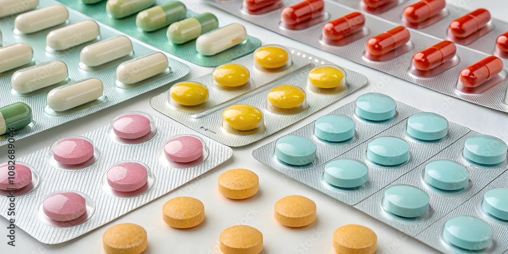An array of colorful tablets and capsules neatly arranged in various blister packs on a clean surface. An array of colorful tablets and capsules neatly arranged in various blister packs on a clean surface.