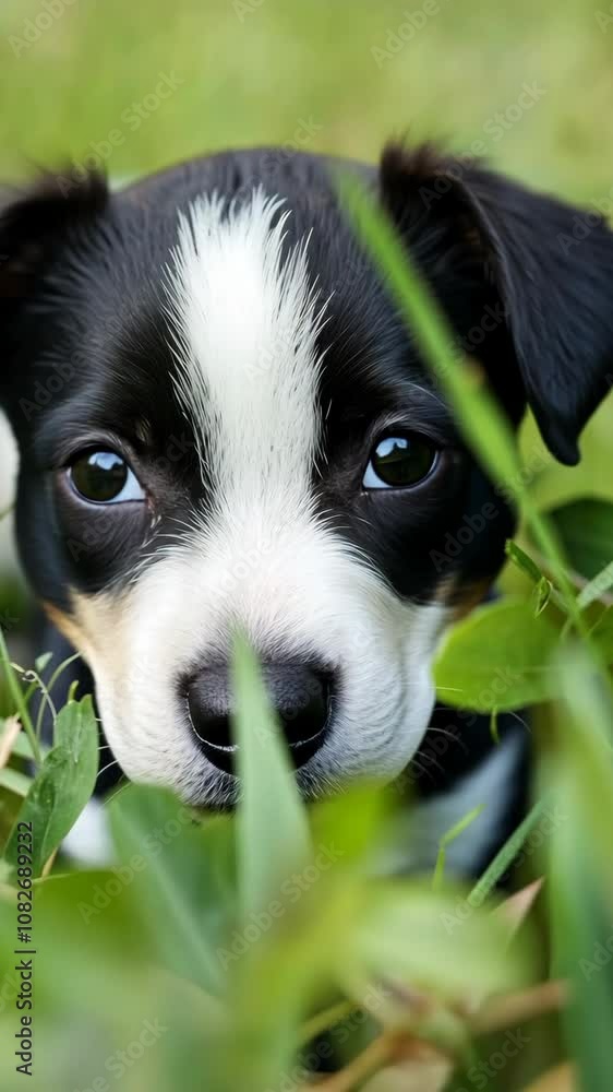 A black and white puppy peeks through the grass, its big eyes looking directly at the camera A black and white puppy peeks through the grass, its big eyes looking directly at the camera