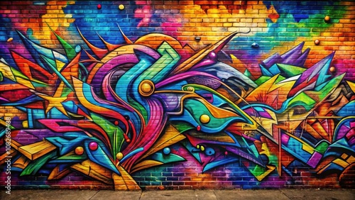 Colorful graffiti artwork on brick wall with chaotic shapes and vibrant colors for urban background