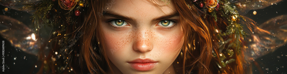 Fototapeta premium A captivating portrait of a young woman with striking features, adorned with natural elements, suitable for fantasy-themed projects, storytelling, or beauty-related content,