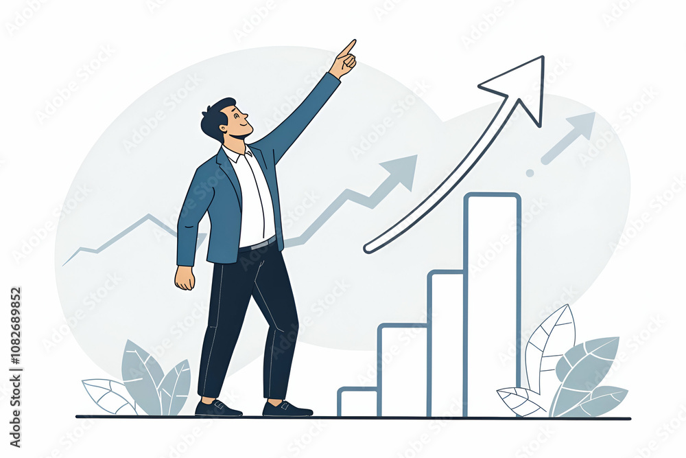 A man in a suit points upward, symbolizing growth and success, with graphs and arrows illustrating progress and increasing trends in the background. A man in a suit points upward, symbolizing growth and success, with graphs and arrows illustrating progress and increasing trends in the background.