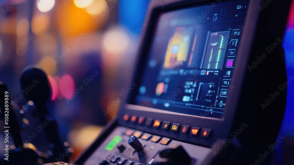 Close-up of a control panel with a touchscreen display in a low-light setting Close-up of a control panel with a touchscreen display in a low-light setting