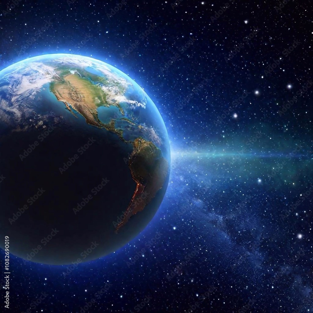 A high-resolution ultra-realistic digital artwork capturing the breathtaking sight of a cosmic sunrise viewed from space. The image features the curvature of a planet bathed in deep blues and blacks, A high-resolution ultra-realistic digital artwork capturing the breathtaking sight of a cosmic sunrise viewed from space. The image features the curvature of a planet bathed in deep blues and blacks,
