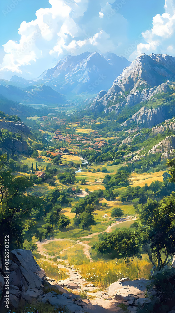 Fototapeta premium Illustration - Serene Valley Village Landscape, Mountains, Sky, Trees, Path