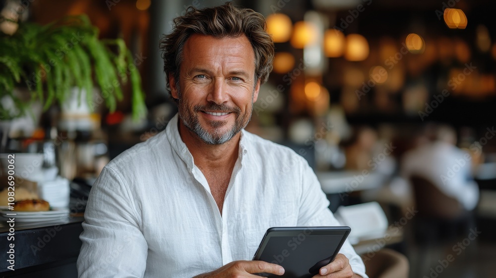 A smiling man in a casual white shirt holds a tablet in a lively caf? setting.