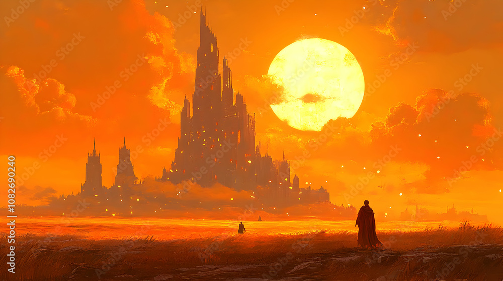 Illustration of Orange Sunset Cityscape with Figures Illustration of Orange Sunset Cityscape with Figures