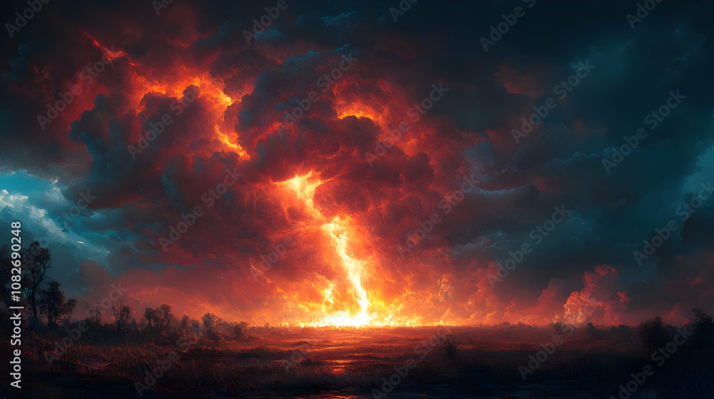 Naklejka premium Illustration Firestorm Cloudscape Apocalypse Burning Field