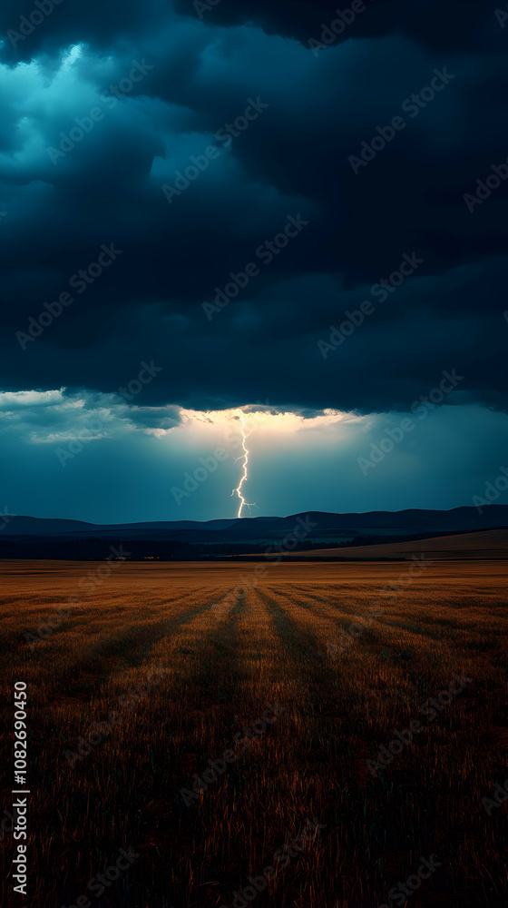 Fototapeta premium Photo Lightning Strike Over a Field Dramatic Sky