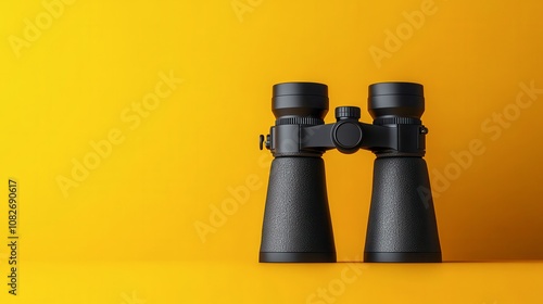 A pair of black binoculars on a vibrant yellow background, perfect for visuals related to outdoor activities, exploration, or travel adventures, It can enhance blogs, advertisements photo