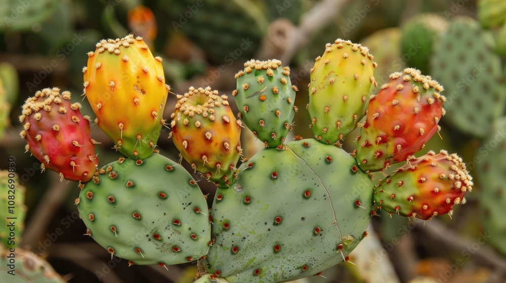 A close-up of a prickly pear cactus with several ripe fruits. A close-up of a prickly pear cactus with several ripe fruits.