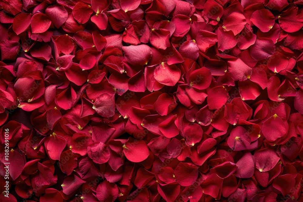 A beautiful pile of vibrant red rose petals adorned with water drops on them A beautiful pile of vibrant red rose petals adorned with water drops on them