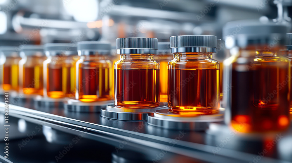Amber glass vials filled with liquid are lined up on a production line, showcasing a sterile and organized pharmaceutical environment ideal for drug manufacturing or laboratory settings, Amber glass vials filled with liquid are lined up on a production line, showcasing a sterile and organized pharmaceutical environment ideal for drug manufacturing or laboratory settings,