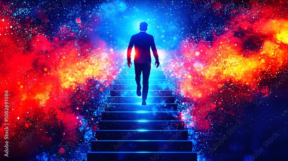 Young entrepreneur ascending steps with glowing light representing success. Young entrepreneur ascending steps with glowing light representing success.