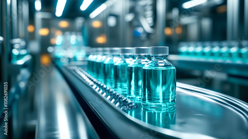 Bottles containing a turquoise liquid are neatly arranged on a conveyor belt in a modern pharmaceutical facility, This image can be used for topics related to medicine, production, and healthcare, photo