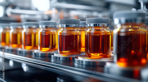 Amber glass vials filled with liquid are lined up on a production line, showcasing a sterile and organized pharmaceutical environment ideal for drug manufacturing or laboratory settings,