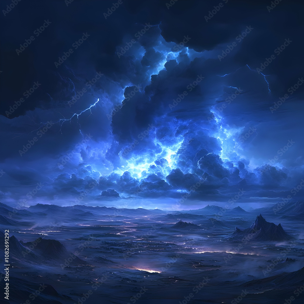Fototapeta premium Illustration of Lightning Storm over Dark Mountains