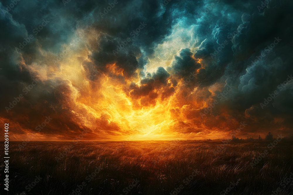 Fototapeta premium Illustration - Blazing Sunset over Golden Fields