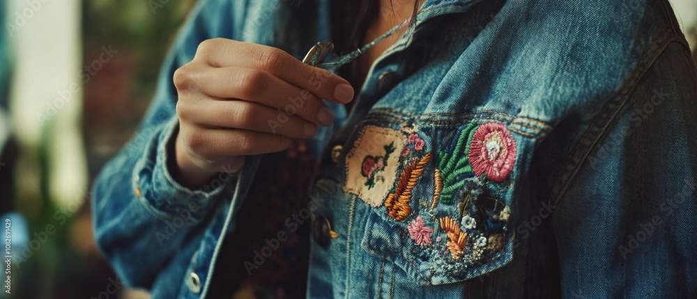 Fototapeta premium A hand gently touches a denim jacket adorned with vibrant patches, capturing a moment of personal style and creativity.