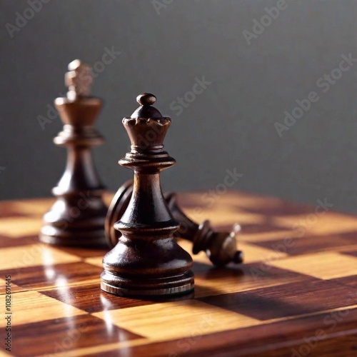 A high-resolution ultrarealistic image captures an intense chess match moment on a wooden chessboard. The black king stands victorious while the white king lies toppled, signifying defeat. A black kni photo