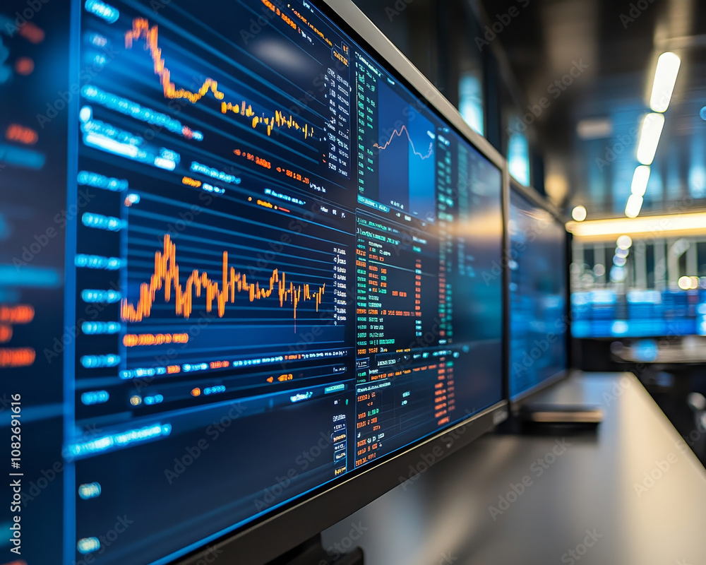 Digital screen in modern trading room displaying stock market data, featuring graphs and charts with vibrant colors, showcasing financial trends and analytics Digital screen in modern trading room displaying stock market data, featuring graphs and charts with vibrant colors, showcasing financial trends and analytics