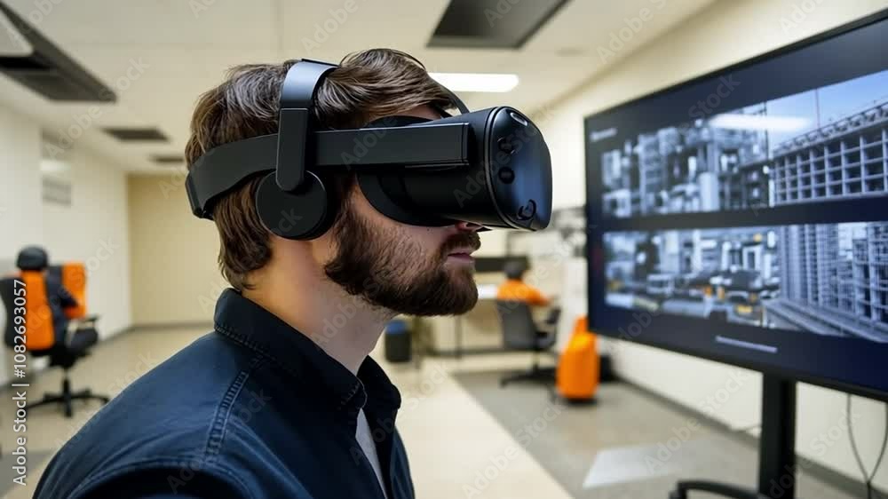 An engineer participated in a 3D building simulation while donning a virtual reality headset. An engineer participated in a 3D building simulation while donning a virtual reality headset.