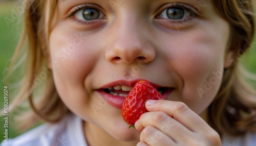 Smiling child eating strawberry outdoors close-up