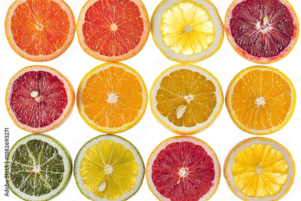 Fototapeta premium Citrus fruits cut into slices and arranged in a geometric layout on a white background.