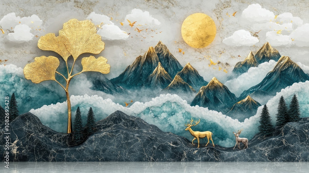 Obraz premium Serene Mountain Landscape with Golden Accents, Majestic Deer, and Lush Forests Under a Bright Golden Sun in Scenic Nature Environment