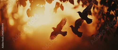 Three birds gracefully soar amidst a warm, golden sunset, set against silhouetted leaves that frame the tranquil moment in nature's embrace. photo