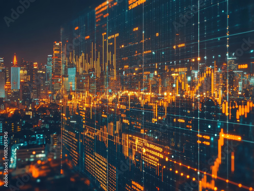 Wallpaper Mural digital display showing financial data trends over city skyline at night, highlighting stock market movements and investment opportunities Torontodigital.ca