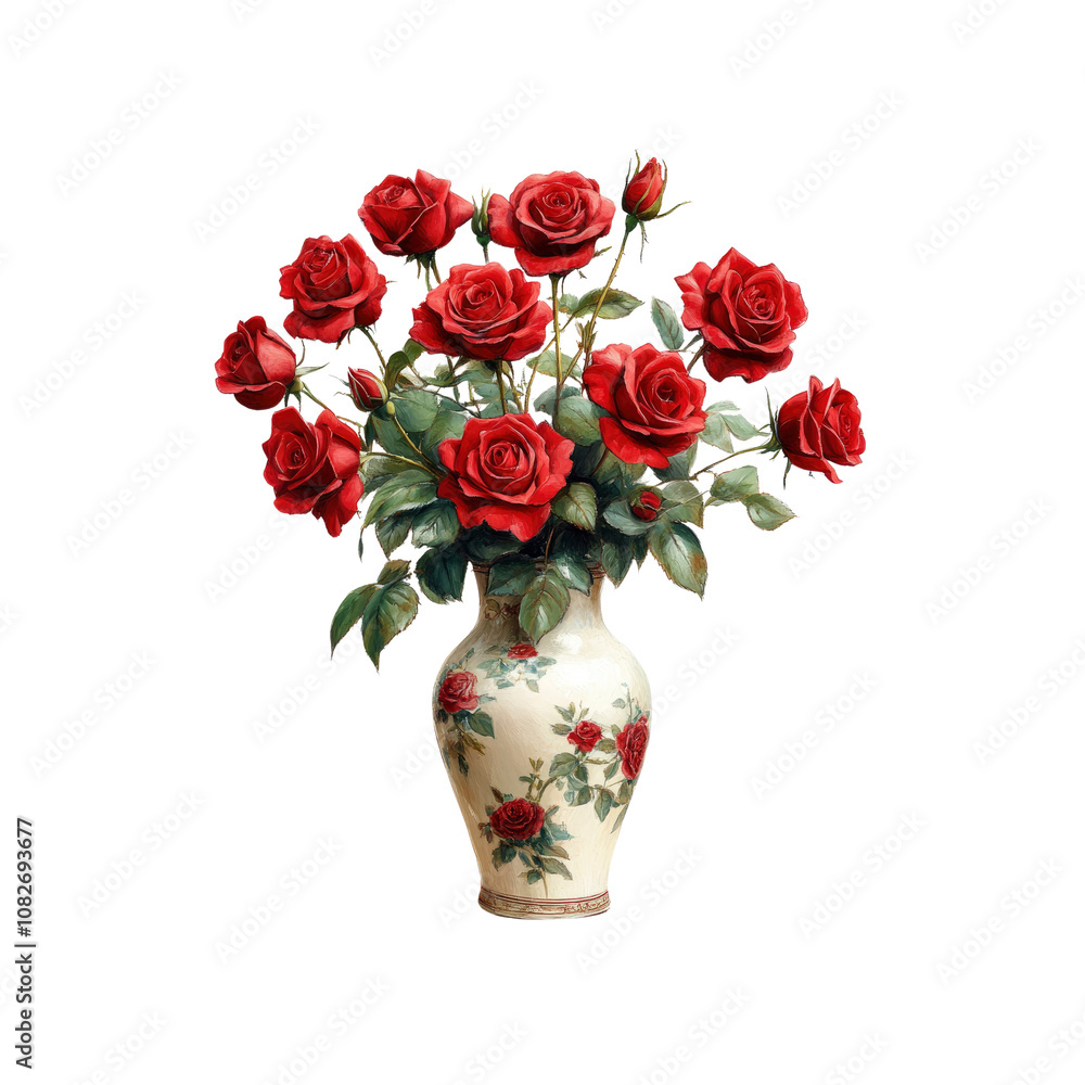 Obraz premium Romantic Bouquet of Red Roses in an Ornate Vase