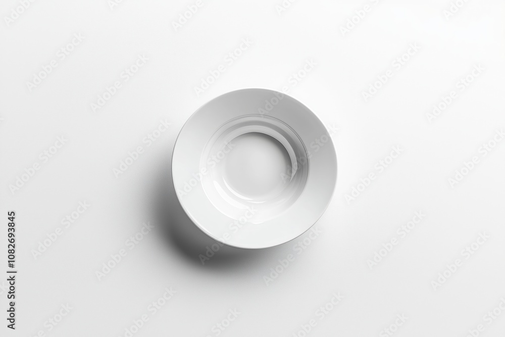 Flat lay of white ceramic plate on plain white background Flat lay of white ceramic plate on plain white background