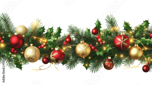 Festive red and gold glass baubles adorn a lush green fir tree branch for a joyous Christmas celebration isolated on transparent background.