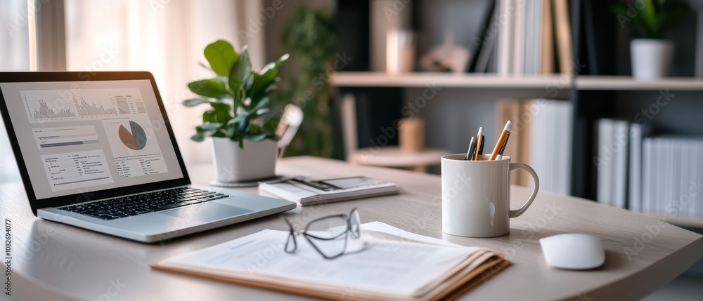 An elegant home workspace is lit by natural light, showcasing a laptop with graphs, open notebook, and a potted plant for a touch of freshness. An elegant home workspace is lit by natural light, showcasing a laptop with graphs, open notebook, and a potted plant for a touch of freshness.