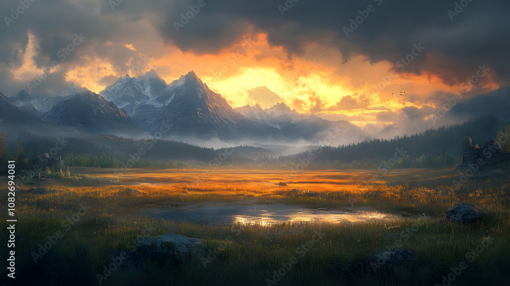 Obraz premium Illustration Golden Sunset over Mountain Lake Landscape