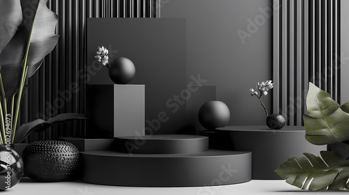 Fototapeta Naklejka Na Ścianę i Meble -  Modeen minimalistic black cubic abstract geometric shapes background wallpaper 3d render illustration. Exquisite. Illustration