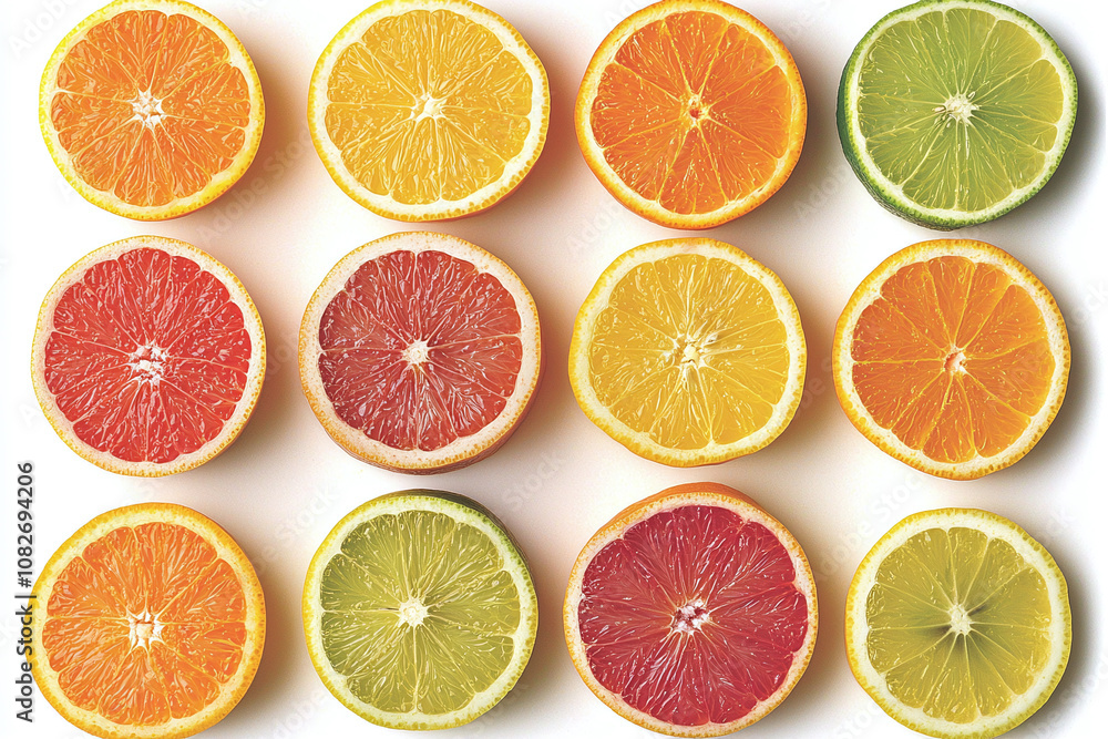 Fototapeta premium Citrus fruits cut into slices and arranged in a geometric layout on a white background.