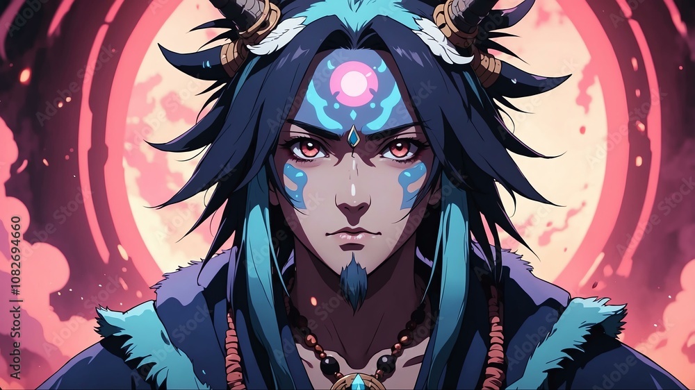 Close-up of a shaman on an aesthetic hellish underworld anime background Close-up of a shaman on an aesthetic hellish underworld anime background