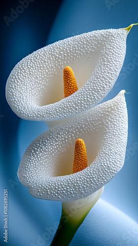 Two white calla lilies, close-up