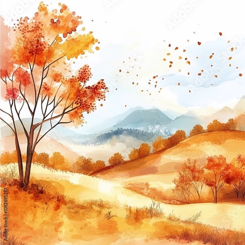 Wallpaper Mural Watercolor fall landscape background. Beautiful watercolor nature landscape with mountains and forest. Watercolor fall illustration design elements for landscape background and wallpaper. Torontodigital.ca
