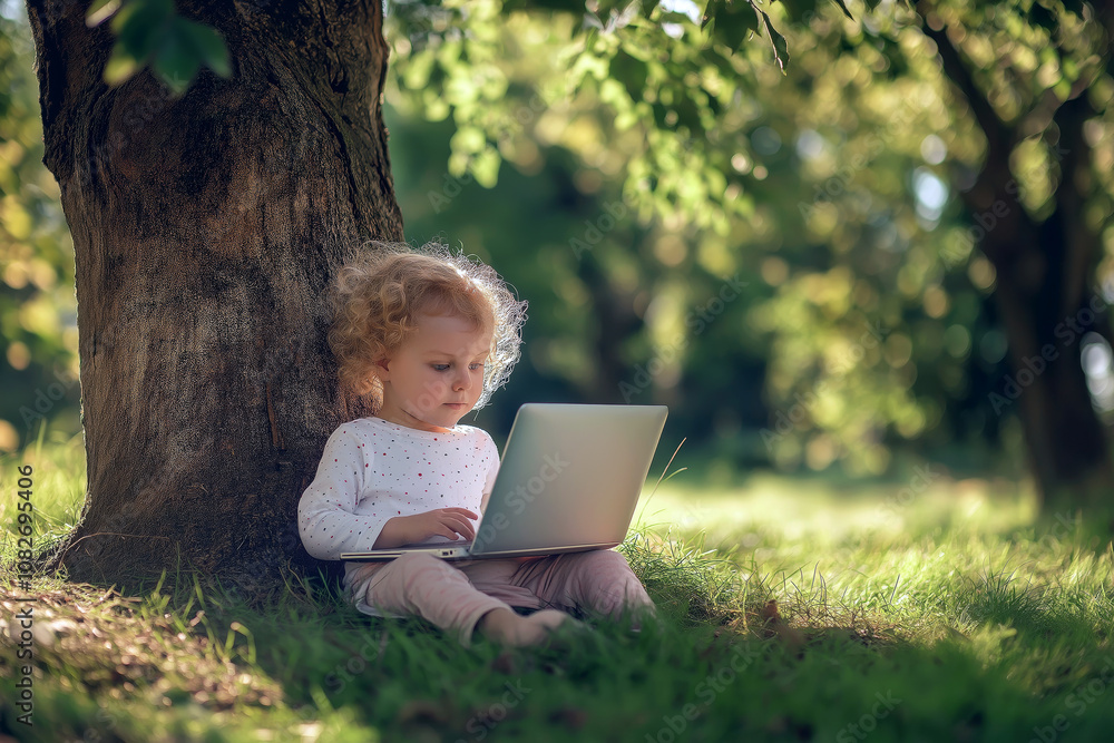A child using a laptop outdoors in a park, sitting under a tree with a curious look on their face. A child using a laptop outdoors in a park, sitting under a tree with a curious look on their face.