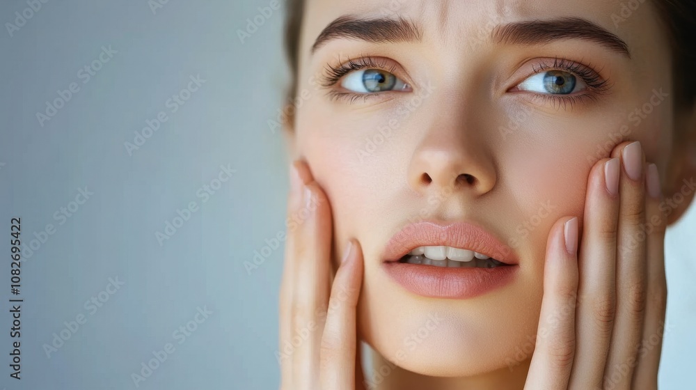 Close-up portrait of worried young woman touching her face with a distressed expression Close-up portrait of worried young woman touching her face with a distressed expression