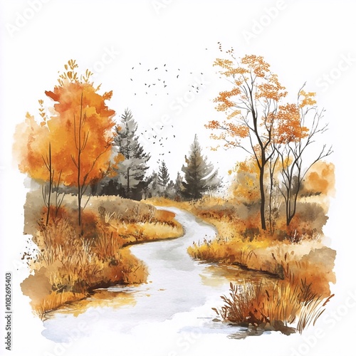 Wallpaper Mural Watercolor fall landscape background. Beautiful watercolor nature landscape with mountains, forest and river. Watercolor fall illustration design elements for landscape background and wallpaper. Torontodigital.ca