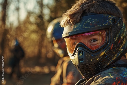 Young boy in protective gear laughing and aiming paintball gun, vibrant colors of paint on mask, friends in background, wooded paintball course, golden afternoon light 1 photo