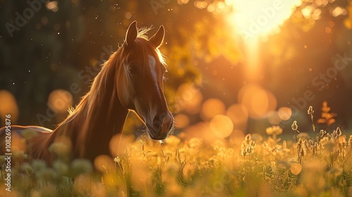 A brown horse stands in a field of tall grass, bathed in the warm glow of the setting sun photo