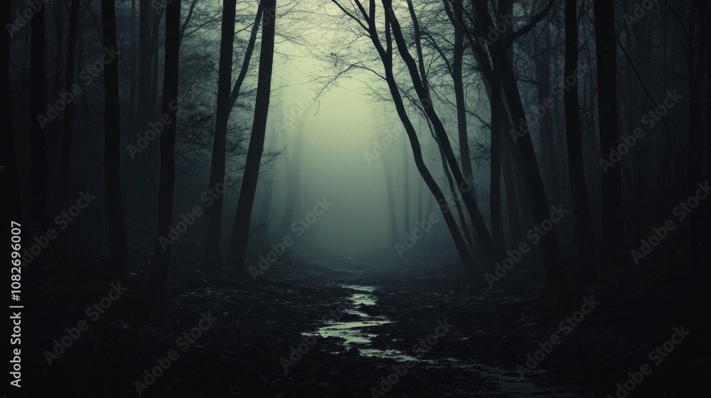 Fototapeta premium Dark eerie scene foggy forest trees either side Spooky misty