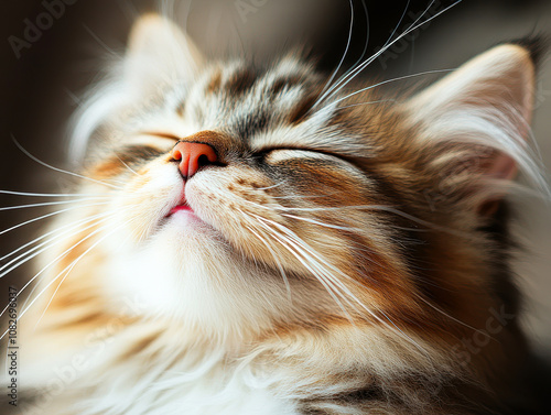 A close-up of a content cat with eyes closed, enjoying a moment of tranquility, Ideal for pet-related content, relaxation themes, or promoting a sense of peace in lifestyle imagery, photo