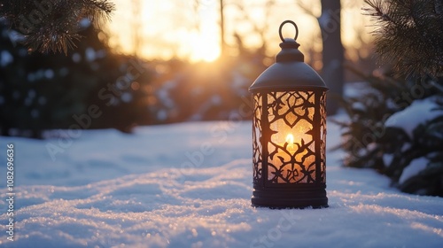 A vintage lantern with intricate designs glowing softly in the snowy landscape, casting warm light on the snow-covered ground, ideal for holiday marketing, winter promotions, winter-themed decorations photo