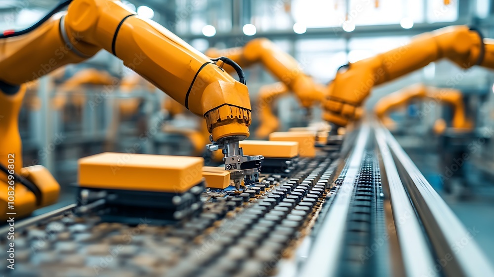 Industrial robots assembling products on a conveyor belt in a modern factory setting. Industrial robots assembling products on a conveyor belt in a modern factory setting.